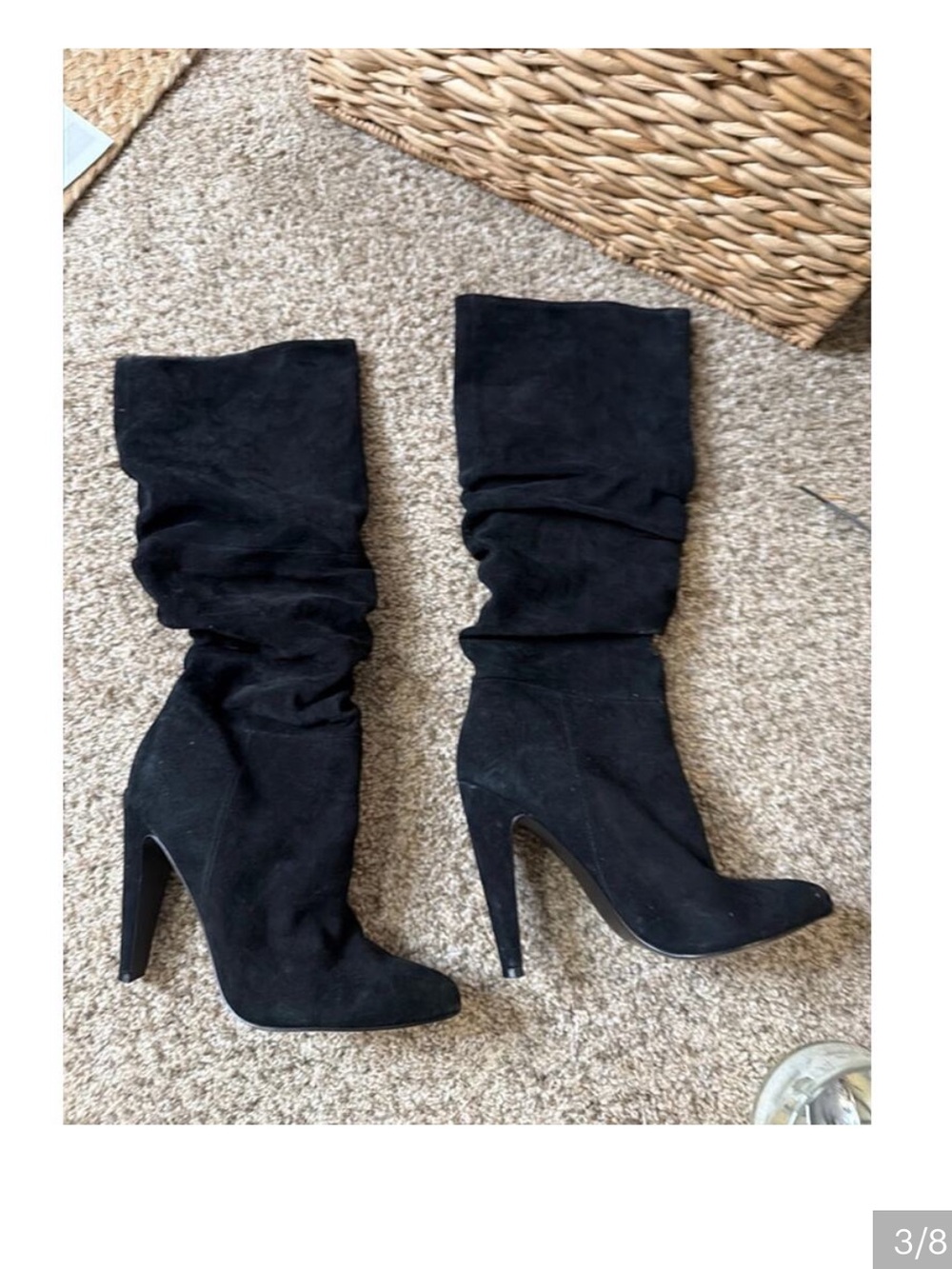 Black, genuine suede, slouchy heeled boots 8